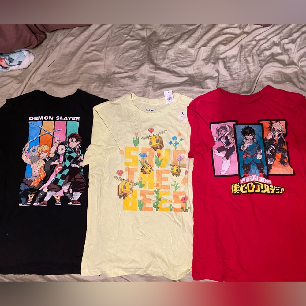 Three kids size Large 10-12 t-shirts My Hero Academia Minecraft Demon Slayer